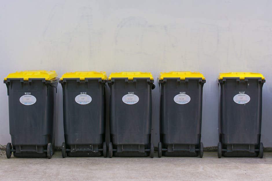 Five large wheeled rubbish bins with black bodies and bright yellow lids are lined up against a plain light gray wall, positioned on a concrete surface. Each bin has a white oval label with a barcode and identification number affixed to the front, indicating they are designated for waste collection. The bins are evenly spaced in a straight row, with their wheels resting on the ground. The environment appears to be an outdoor or semi-outdoor area, possibly adjacent to a commercial or residential property, suitable for private waste disposal or alternative rubbish removal services. The lighting is neutral and even, highlighting the glossy finish of the plastic bins and their sturdy design. The setting suggests an organized space for rubbish storage, typical of on-site waste management or independent collection arrangements that may facilitate prompt rubbish clearance, aligning with the context of same-day rubbish collection and independent waste handling by companies like Rubbish Clearance Enfield.